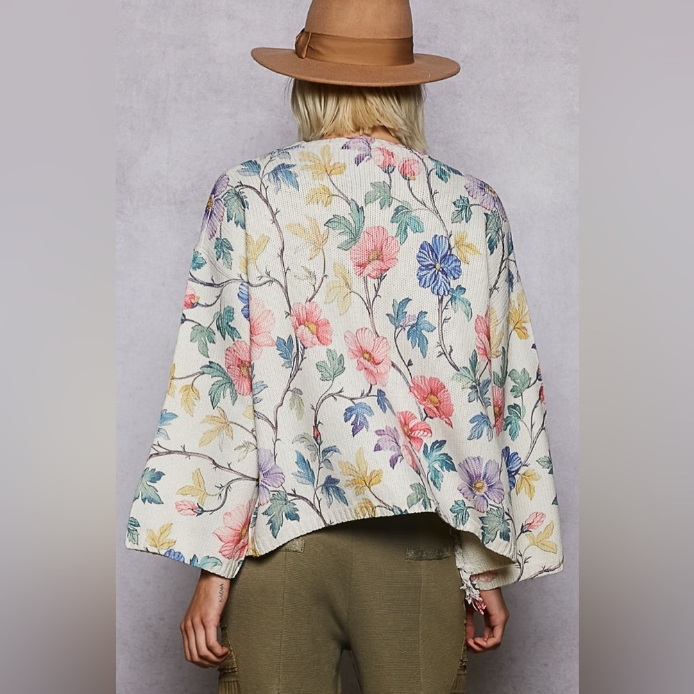POL V-Neck Long Sleeve Floral Print Sweater Cardigan Top - Picture 3 of 3